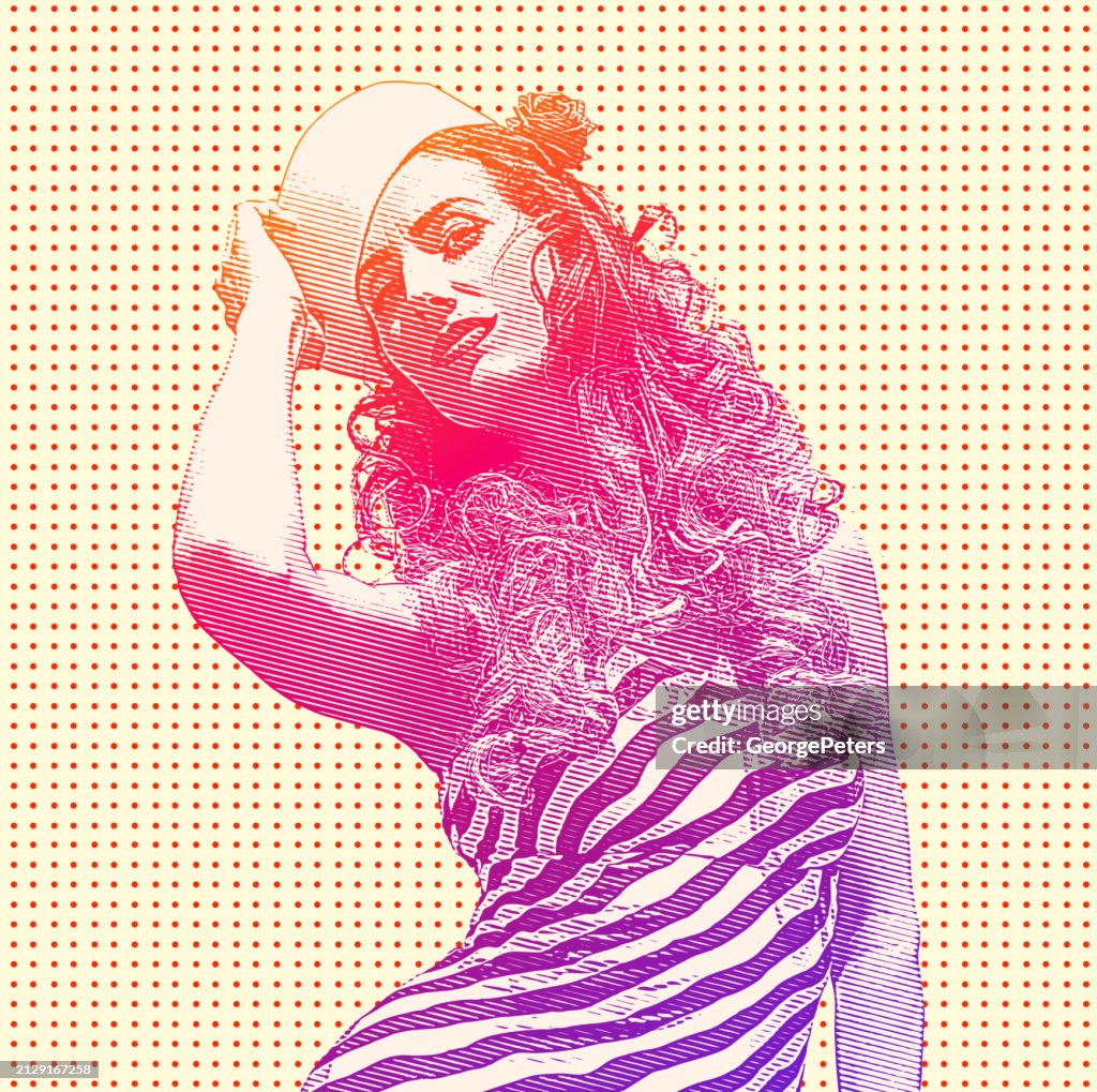 Retro style woman wearing vintage sailor hat and Vintage dress