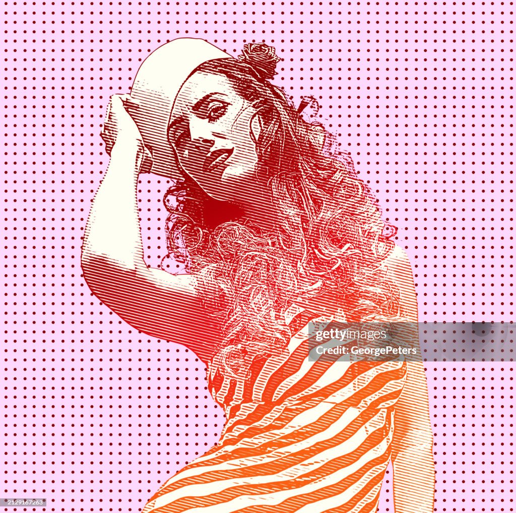 Retro style woman wearing vintage sailor hat and Vintage dress