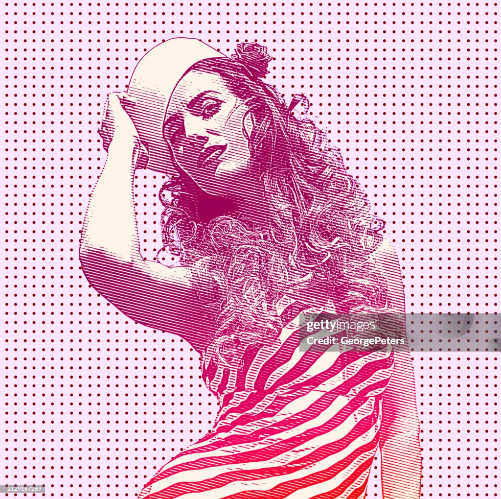 Retro style woman wearing vintage sailor hat and Vintage dress