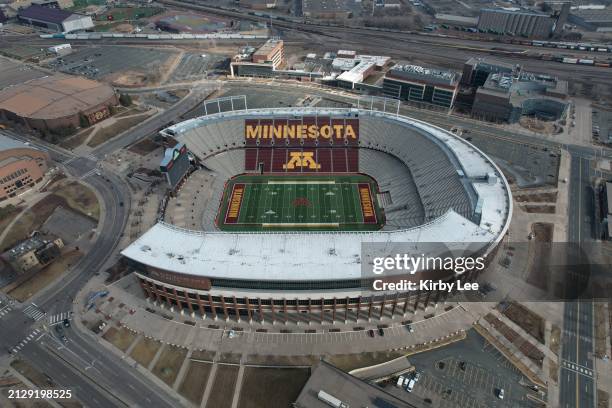 General overall aerial view of Huntington Bank Stadium on the campus of the University of Minnesota in Minneapolis, Minnesota on April 2, 2022.