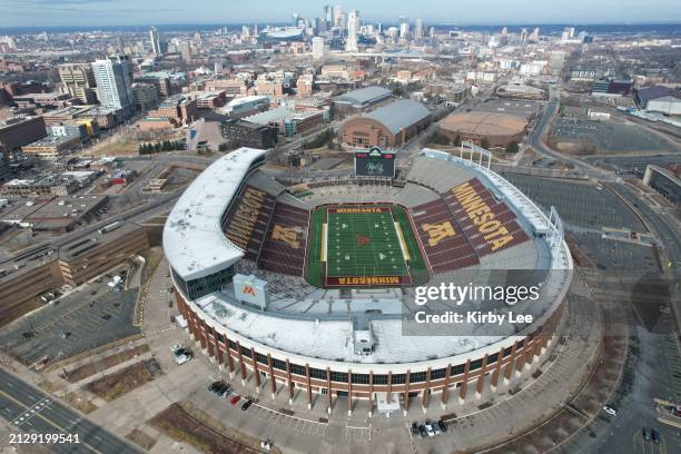 General overall aerial view of Huntington Bank Stadium on the campus of the University of Minnesota in Minneapolis, Minnesota on April 2, 2022.