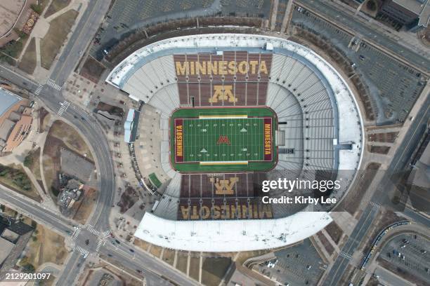 General overall aerial view of Huntington Bank Stadium on the campus of the University of Minnesota in Minneapolis, Minnesota on April 2, 2022.