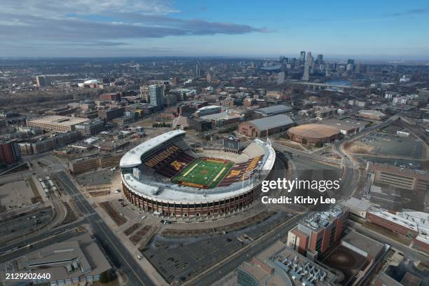 General overall aerial view of Huntington Bank Stadium on the campus of the University of Minnesota in Minneapolis, Minnesota on April 2, 2022.