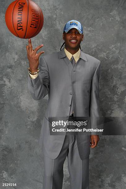 Carmelo Anthony who was selected by the Denver Nuggets poses for a portrait during the 2003 NBA Draft at the Paramount Theatre at Madison Square...