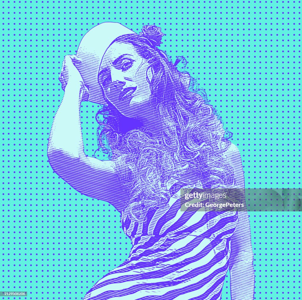 Retro style woman wearing vintage sailor hat and Vintage dress