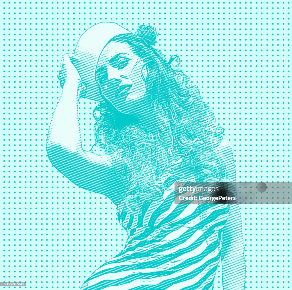 Retro style woman wearing vintage sailor hat and Vintage dress