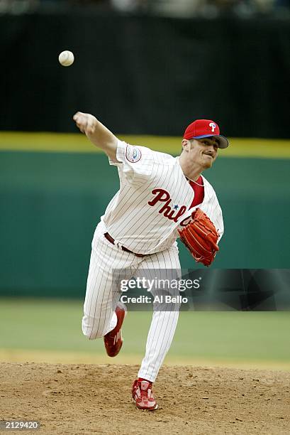 Pitcher Brett Myers of the Philadelphia Phillies delivers the pitch before the start of the second inning against the Boston Red Sox during...