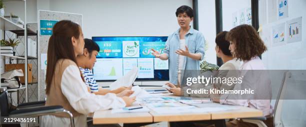 asian business people team brainstorm meeting in green corporate office. presentation esg project planning. environmental conservation, responsible business, sustainable development goal concept - animation moving image stock pictures, royalty-free photos & images