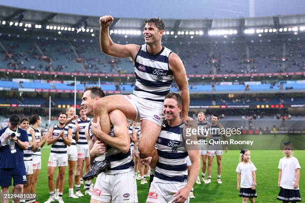 Tom Hawkins of the Cats is chaired off in game 350 during the round three AFL match between Hawthorn Hawks and Geelong Cats at Melbourne Cricket...