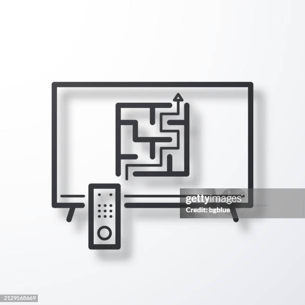 tv with maze. line icon with shadow on white background - remote troubleshooting stock illustrations
