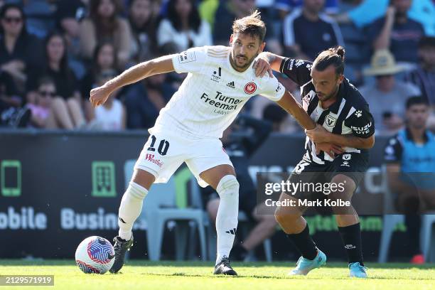 Milos Ninkvoic of the Wanderers controls the ball under pressure during the A-League Men round 22 match between Macarthur FC and Western Sydney...