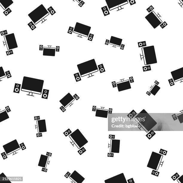 desktop computer with speakers. seamless pattern. icons on white background - plain studio background stock illustrations