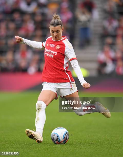 Steph Catley of Arsenal passes the ball during the FA Women's Continental Tyres League Cup Final match between Arsenal and Chelsea at Molineux on...