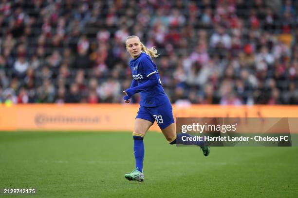 Aggie Beever-Jones of Chelsea in action during the FA Women's Continental Tyres League Cup Final match between Arsenal and Chelsea at Molineux on...