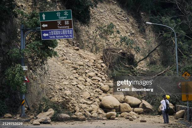 Landslide blocks a road near Taroko national park following an earthquake in Hualien, Taiwan, on Thursday, April 4, 2024. With most damage from...