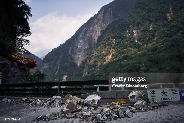 Debris on a road near Taroko national park following an earthquake in Hualien, Taiwan, on Thursday, April 4, 2024. With most damage from Wednesday's...