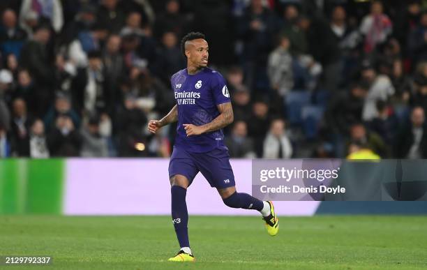 Eder Militao of Real Madrid in action during the LaLiga EA Sports match between Real Madrid CF and Athletic Bilbao at Estadio Santiago Bernabeu on...