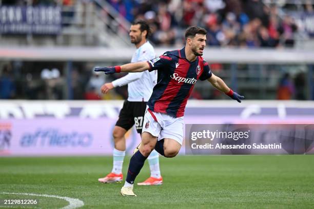 Riccardo Orsolini of Bologna FC celebrates after scoring his team's first goal during the Serie A TIM match between Bologna FC and US Salernitana at...