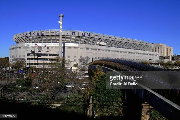 General exterior view of Yankee Stadium taken during the Wolrd Series Game between the New York Yankees and the New York Mets on October 22, 2000 in...