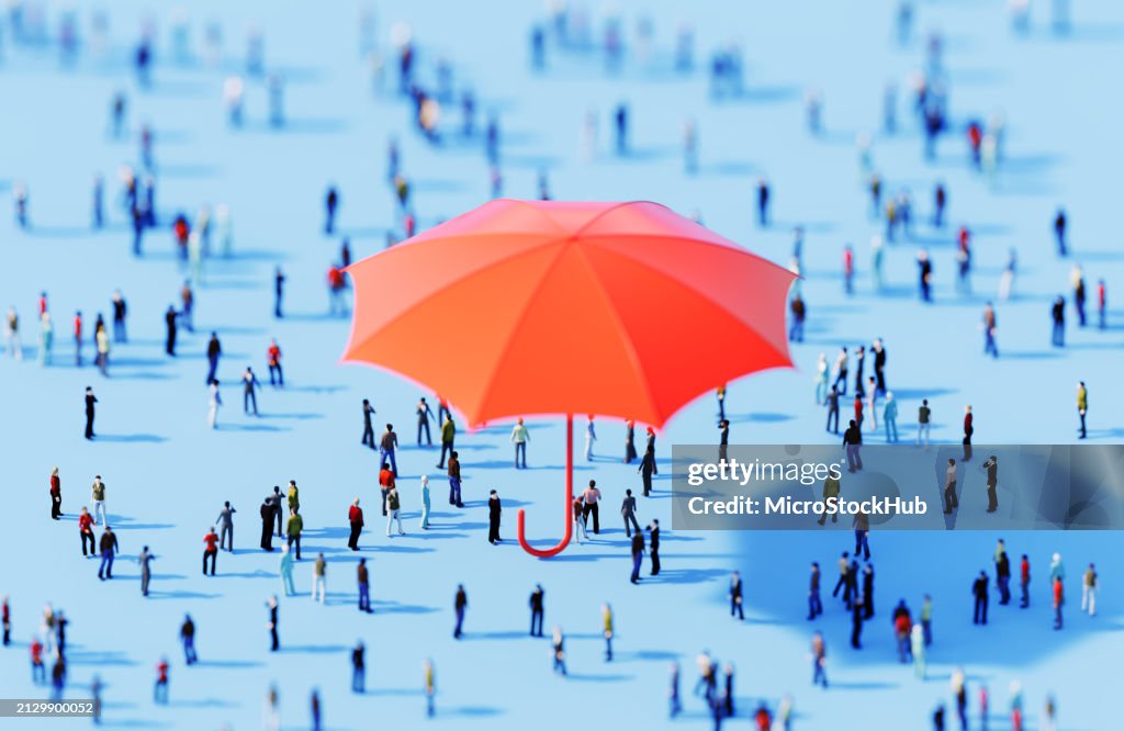 Human Crowd Surrounding An Umbrella Object On Blue Background