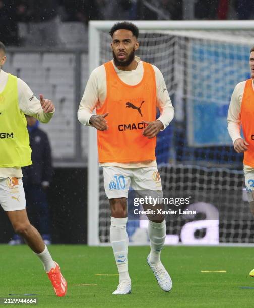 Pierre-Emerick Aubameyang of Marseille reacts during the Ligue 1 Uber Eats match between Olympique de Marseille and Paris Saint-Germain at Orange...