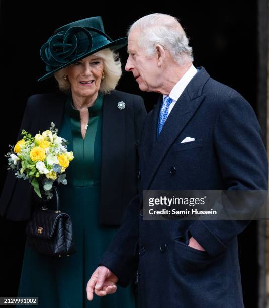 King Charles III and Queen Camilla attend the Easter Service at Windsor Castle on March 31, 2024 in Windsor, England.