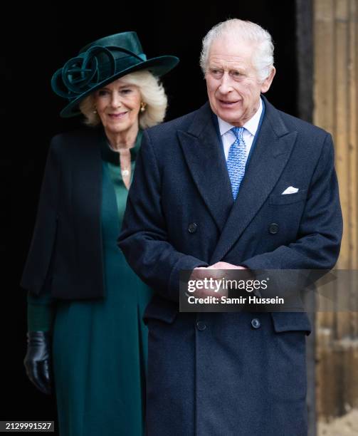 King Charles III and Queen Camilla attend the Easter Service at Windsor Castle on March 31, 2024 in Windsor, England.