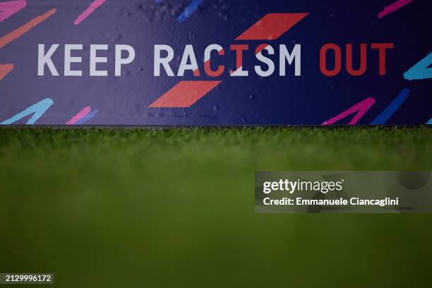 Keep Racism Out logo is seen prior to the Serie A TIM match between US Sassuolo and Udinese Calcio at Mapei Stadium - Citta' del Tricolore on April...