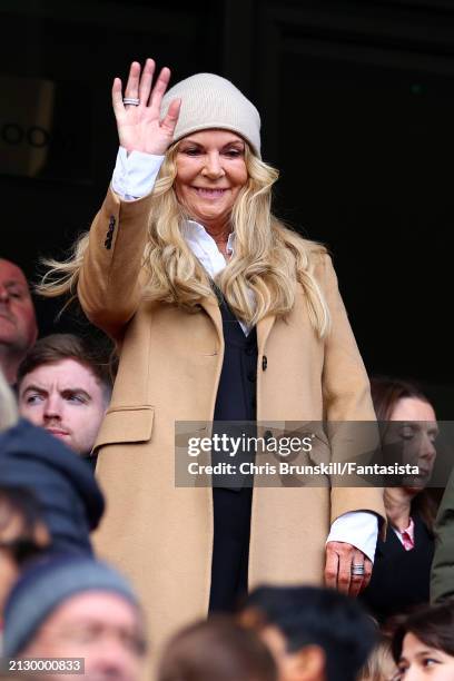 Ulla Sandrock, wife of Liverpool manager Jurgen Klopp, waves during the Premier League match between Liverpool FC and Brighton & Hove Albion at...