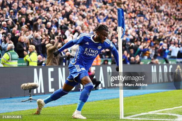 Stephy Mavididi of Leicester City celebrates after scoring his team's second goal during the Sky Bet Championship match between Leicester City and...