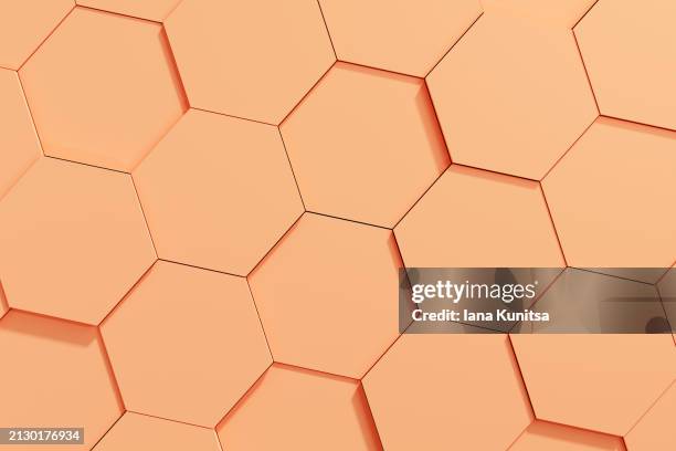 abstract empty peach fuzz color, beige, pastel color background for text and design. 3d hexagons shape pattern. modern geometric composition. - skin tone stock pictures, royalty-free photos & images