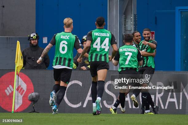 Gregoire Defrel of US Sassuolo celebrates after scoring his team's first goal during the Serie A TIM match between US Sassuolo and Udinese Calcio at...