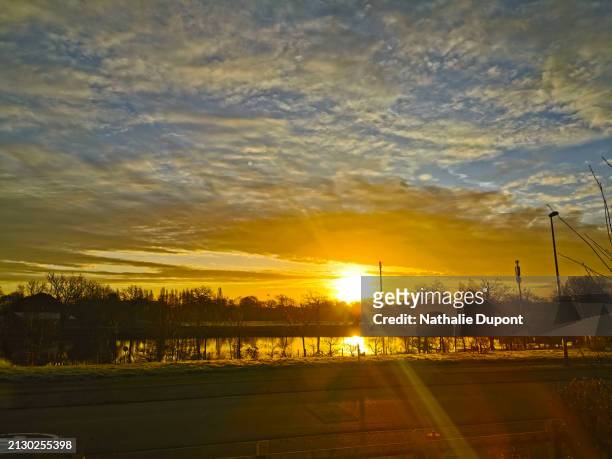 sunrise over a pond in cesson-sévigné in brittany - cesson sévigné stock pictures, royalty-free photos & images