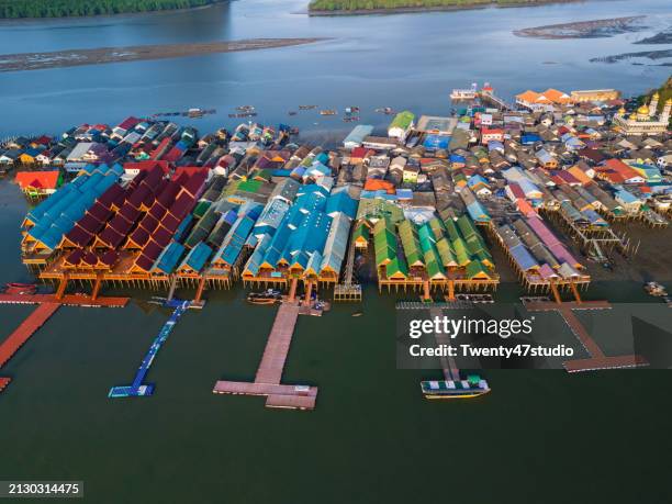 aerial view of floating village on panyee island in phang nga bay in thailand - floating island stock pictures, royalty-free photos & images