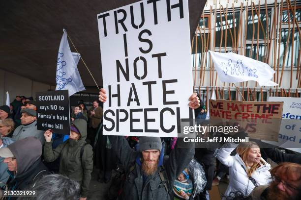 Protesters demonstrate outside the Scottish Parliament as Scotland’s Hate Crime Law comes into force on April 01, 2024 in Edinburgh, Scotland. The...