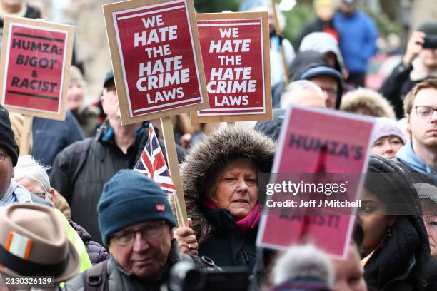 Protesters demonstrate outside the Scottish Parliament as Scotland’s Hate Crime Law comes into force on April 01, 2024 in Edinburgh, Scotland. The...