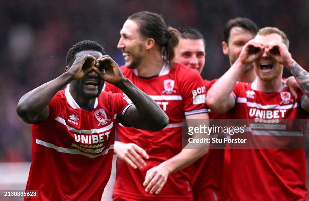 Middlesbrough striker Emmanuel Latte Lath celebrates after scoring the first goal during the Sky Bet Championship match between Middlesbrough and...