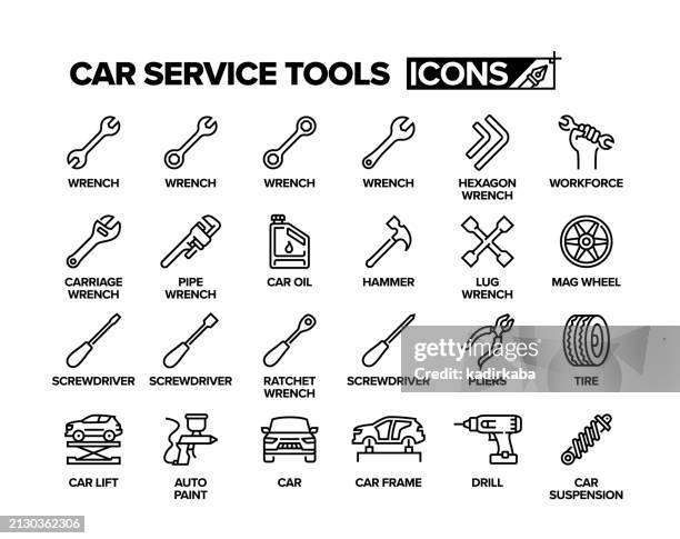 car service tools line icon set. garage, maintenance, auto mechanic, group of object. - adjustable wrench stock illustrations
