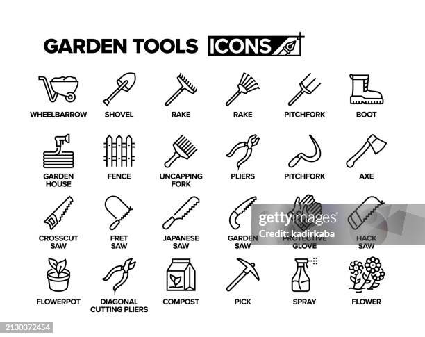 garden tools line icon, agriculture tools, botany tools, group of object. - tractor repair stock illustrations