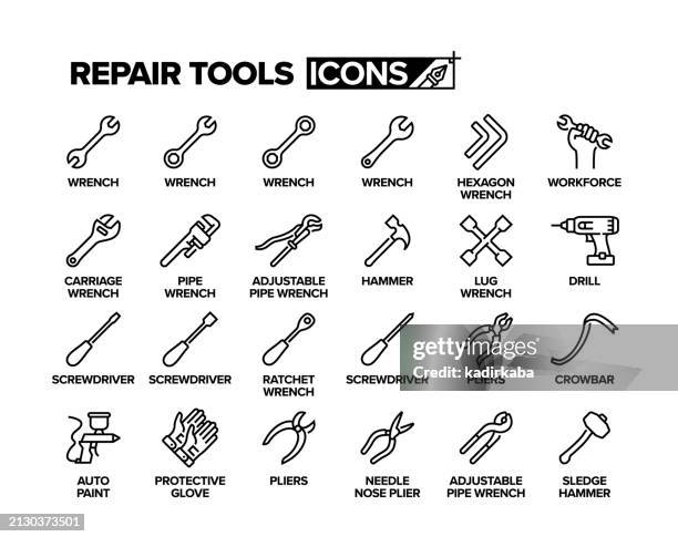 working tools line icon set. construction tools, repair tools, garden tools, car service tools, drill tools, sharp tools, agriculture tools, woodworking tools, group of object. - adjustable wrench stock illustrations