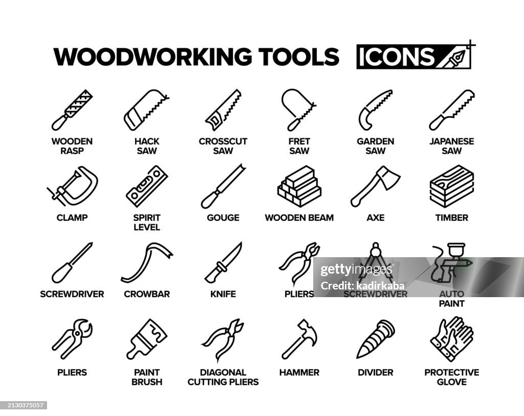 Woodworking tools line icon set. Group of object.