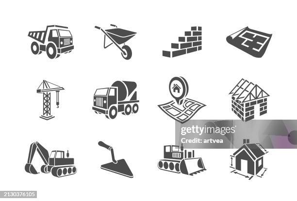 ilustraciones, imágenes clip art, dibujos animados e iconos de stock de construcción, conjunto de iconos vectoriales 3d - mezclador-de-cemento