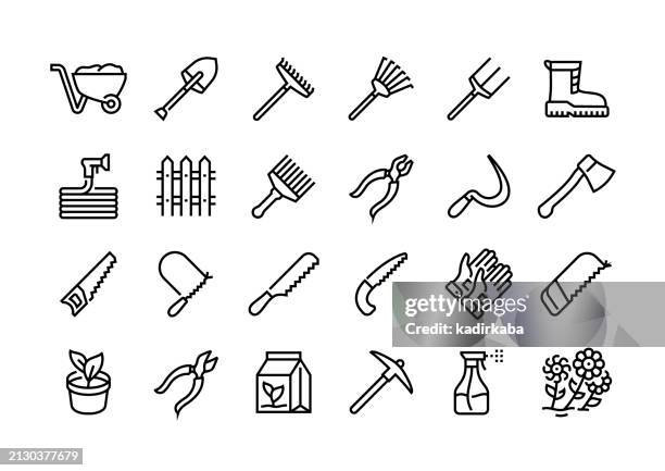 garden tools line icon, agriculture tools, botany tools, group of object. - tractor repair stock illustrations
