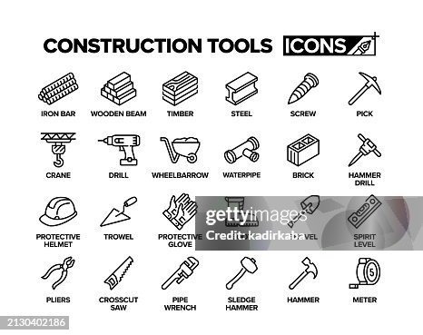Construction tools line icon set. Working tools, repair tools, garden tools, car service tools, drill tools, sharp tools, agriculture tools, woodworking tools, group of object. Construction tools line icon set. Working tools, repair tools, garden tools, car service tools, drill tools, sharp tools, agriculture tools, woodworking tools, group of object.