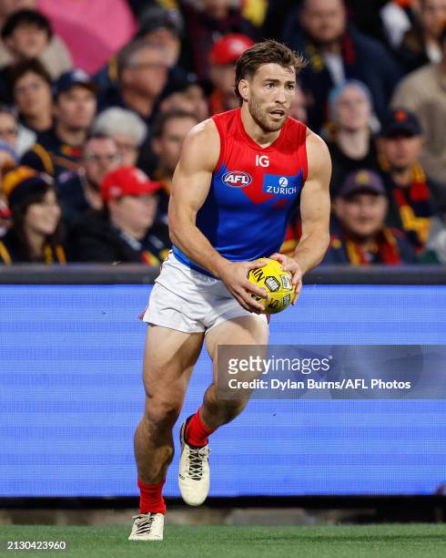 Jack Viney of the Demons in action during the 2024 AFL Round 04 match between the Adelaide Crows and the Melbourne Demons at Adelaide Oval on April...