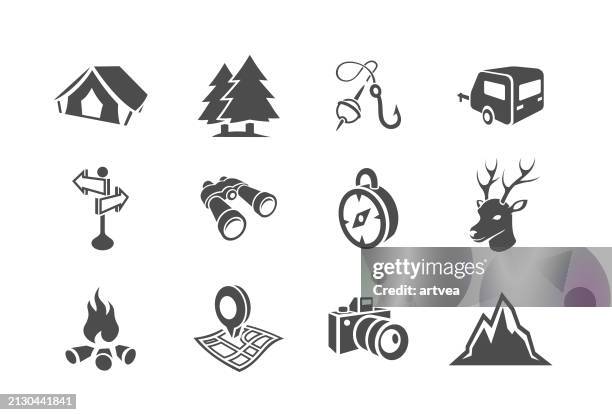 camping three dimensional icon set - camping logo stock illustrations