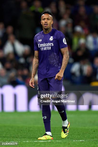 Eder Militao of Real Madrid looks on during the LaLiga EA Sports match between Real Madrid CF and Athletic Bilbao at Estadio Santiago Bernabeu on...