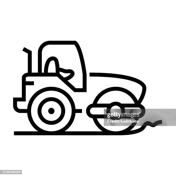 ilustraciones, imágenes clip art, dibujos animados e iconos de stock de vehículo pesado de rodillos para la colocación de líneas de asfalto icono. - asfalto