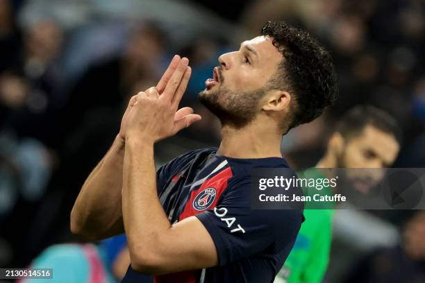 Goncalo Ramos of PSG celebrates his goal during the Ligue 1 Uber Eats match between Olympique de Marseille and Paris Saint-Germain at Stade Velodrome...