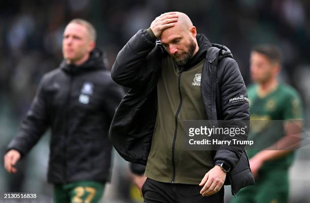 Ian Foster, Manager of Plymouth Argyle, cuts a dejected figure following the Sky Bet Championship match between Plymouth Argyle and Bristol City at...